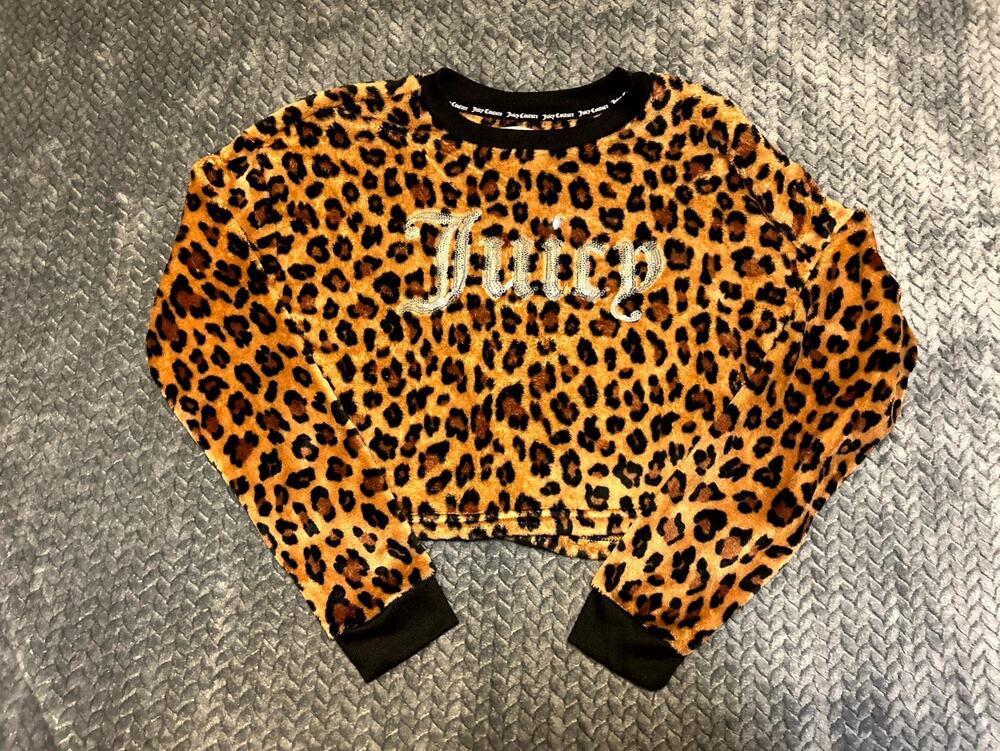 Juicy Couture Cropped Lounge Top Women's M Brown Black Leopard Print Sequin Logo